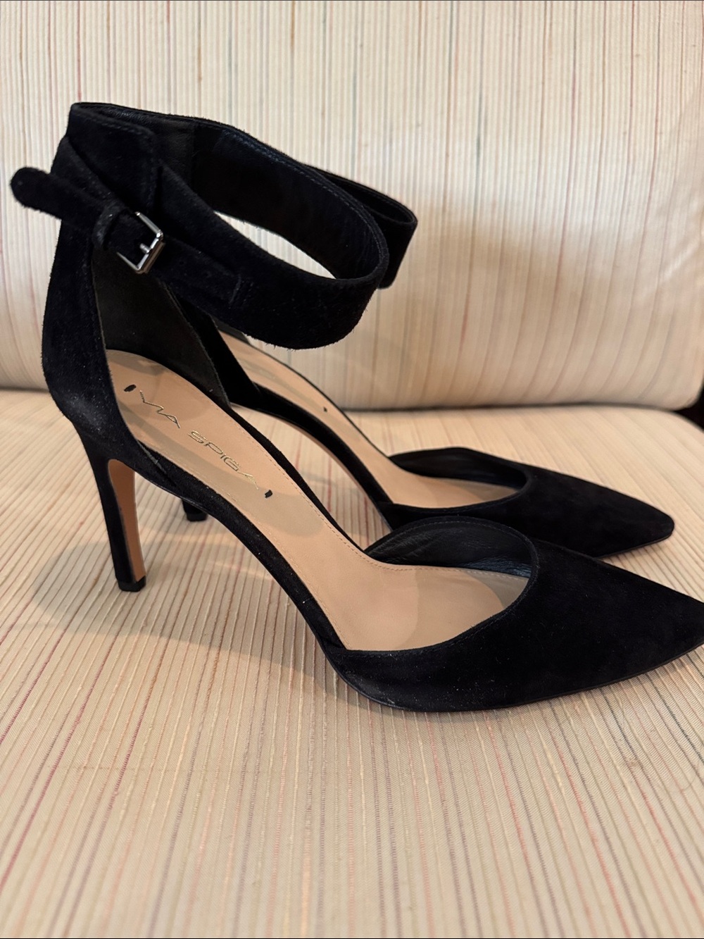 Via Spiga Black Suede Pointed Ankle-Strap Heels 8-1/2